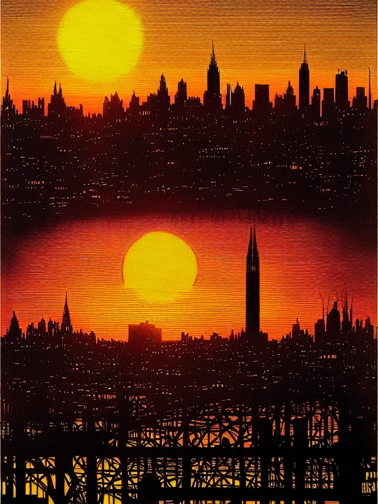 Prompt: The sun sinking behind a modern city skyline by Dan Mumford and Alberto Vargas and John Atkinson Grimshaw, black border, vibrant, sunset, art nouveau