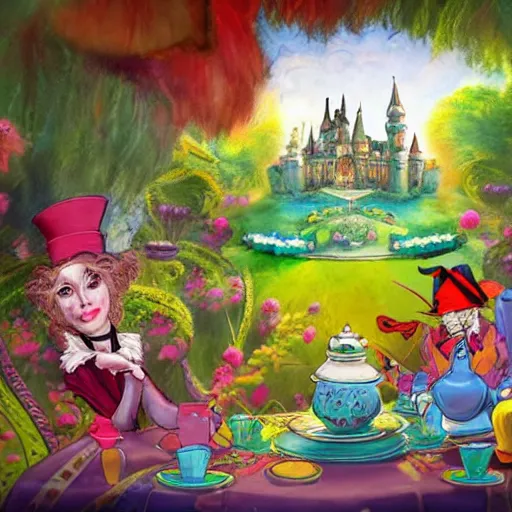 Prompt: A scene from Alice in Wonderland, with the Mad Hatter's tea party in the foreground and the castle in the background. The colors are very bright and whimsical, and the composition is very busy. This is an illustration, done in a traditional animation style with a focus on color and movement. The artist is Craig Mullins, and the artwork is called Mad Tea Party