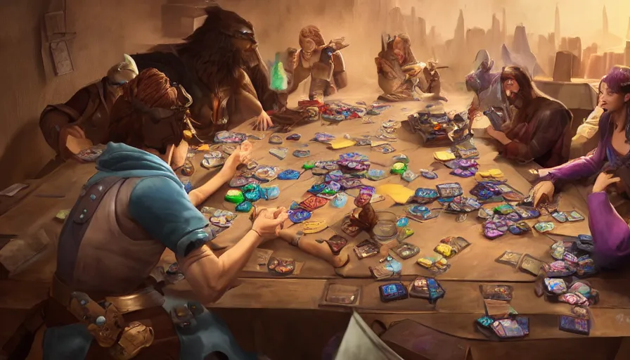 Image similar to concept art of role - playing game players around a table, rolling d 2 0 sides dice. macro. unreal engine 5. octane render. vray. arnold. maya. 1 8 mm lens. gopro, low angle, wide lens. trending on artstation. depth of field. colorful. d & d. centered image.