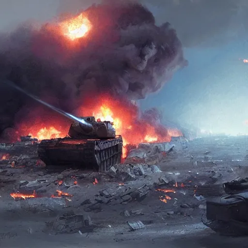 Prompt: Tank battle in the White house, amid destruction and fire by Greg Rutkowski