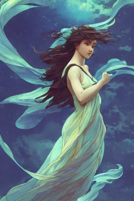 Prompt: a beautiful render of a beautiful female air sprite, wind, a beautiful face, perfectly shaded, atmospheric lighting, style of makoto shinkai, raphael lacoste, louis comfort tiffany, artgerm, karol bak, james jean, alphonse maria mucha