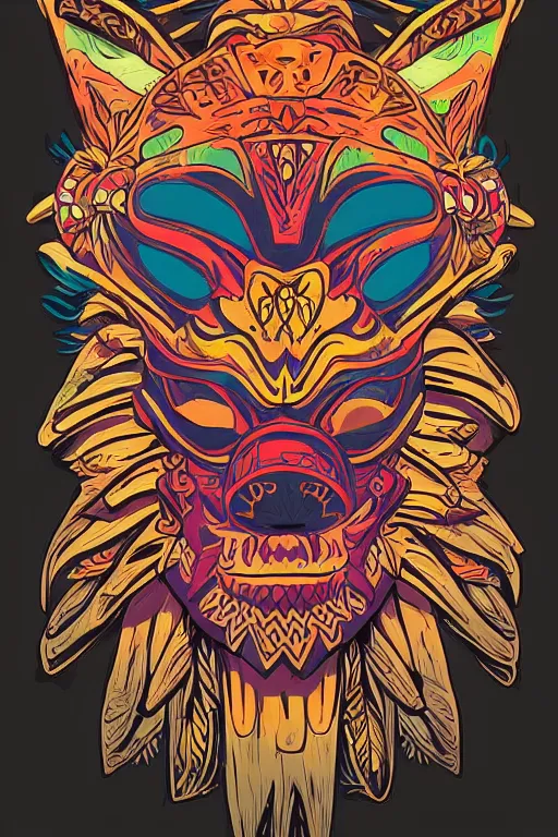 Image similar to animal mask totem roots flower tribal feather gemstone plant wood rock shaman vodoo video game vector cutout illustration vivid multicolor borderlands comics by josan gonzales and dan mumford radiating a glowing aura