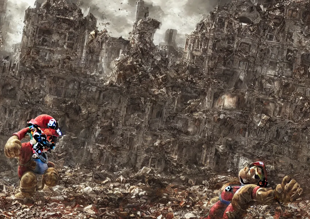 Prompt: super mario hiding behind a brick wall from Giga Bowser in the distance in a destroyed kingdom, Resident Evil virus concept art, highly detailed, horror, scary, terrifying, horrific, hd 4k