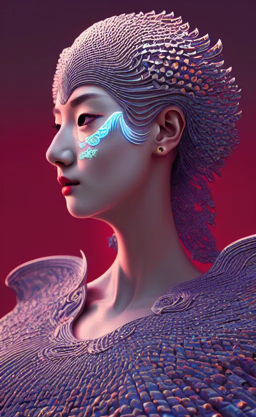 Image similar to 3 d goddess close - up profile portrait. beautiful intricate highly detailed korean gumiho mask and traditional korean hanbok. stingray, magpie, bio luminescent, plasma, lava, ice, water, wind, creature, artwork by tooth wu and wlop and beeple and greg rutkowski, cgsociety,