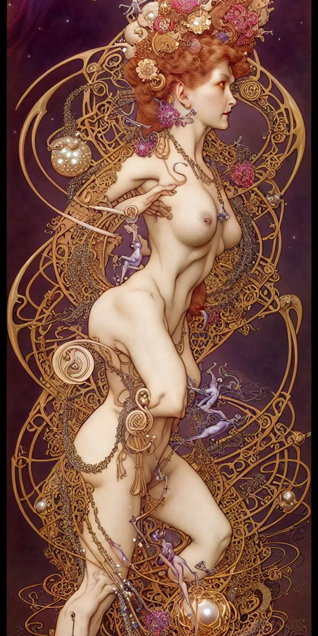 Image similar to beautiful matahari art nouveau fantasy character portrait, ultra realistic, intricate details, the fifth element artifacts, highly detailed by peter mohrbacher, hajime sorayama, wayne barlowe, boris vallejo, aaron horkey, gaston bussiere, craig mullins alphonse mucha, art nouveau curves swirls and spirals, flowers pearls beads crystals jewelry goldchains scattered