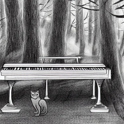 Prompt: a fantasy drawing of a creature that has the body of a grand piano and the feet and tail of a cat, standing in the middle of the woods.