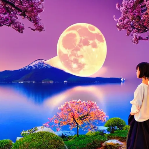 Prompt: Sakuyamon with the moon behind her by a shimmering lake, Sakura petals around her, majestic, graceful