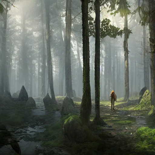 Image similar to a painting of a man standing in the middle of a forest, a detailed matte painting by slawomir maniak, deviantart contest winner, fantasy art, matte painting, cryengine, concept art