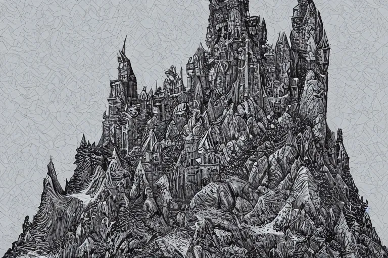 Prompt: a glitch in the simulation, a mountain range with an enormous castle tower sitting on top of the tallest mountain by Joe Fenton, highly detailed, photorealistic, intricate