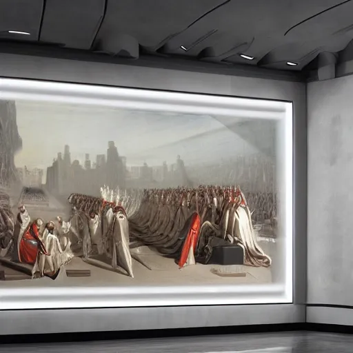 Image similar to sci-fi organic form car 50% of canvas and wall structure in the coronation of napoleon painting by Jacques-Louis David and in the blade runner 2049 film organic architecture forms unreal engine 5 lumen lighting ultra high detail ultra realism 4k in plastic dark tilt shift