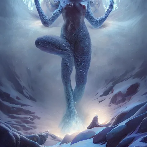 Image similar to a hyperrealistic illustration of a monster in the Arctic, snow on the monsters body, blue transparent ice with fractal sunlight, award-winning, masterpiece, in the style of Tom Bagshaw, Cedric Peyravernay, Peter Mohrbacher