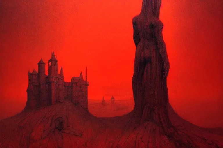 Prompt: only with red, in a red dream world, a crimson tiger, a castle in the background, medieval demons, in the style of beksinski, part by hopper, part by rodcenko, part by hofbauer, intricate composition, red by caravaggio, insanely quality, highly detailed, masterpiece, red light, artstation