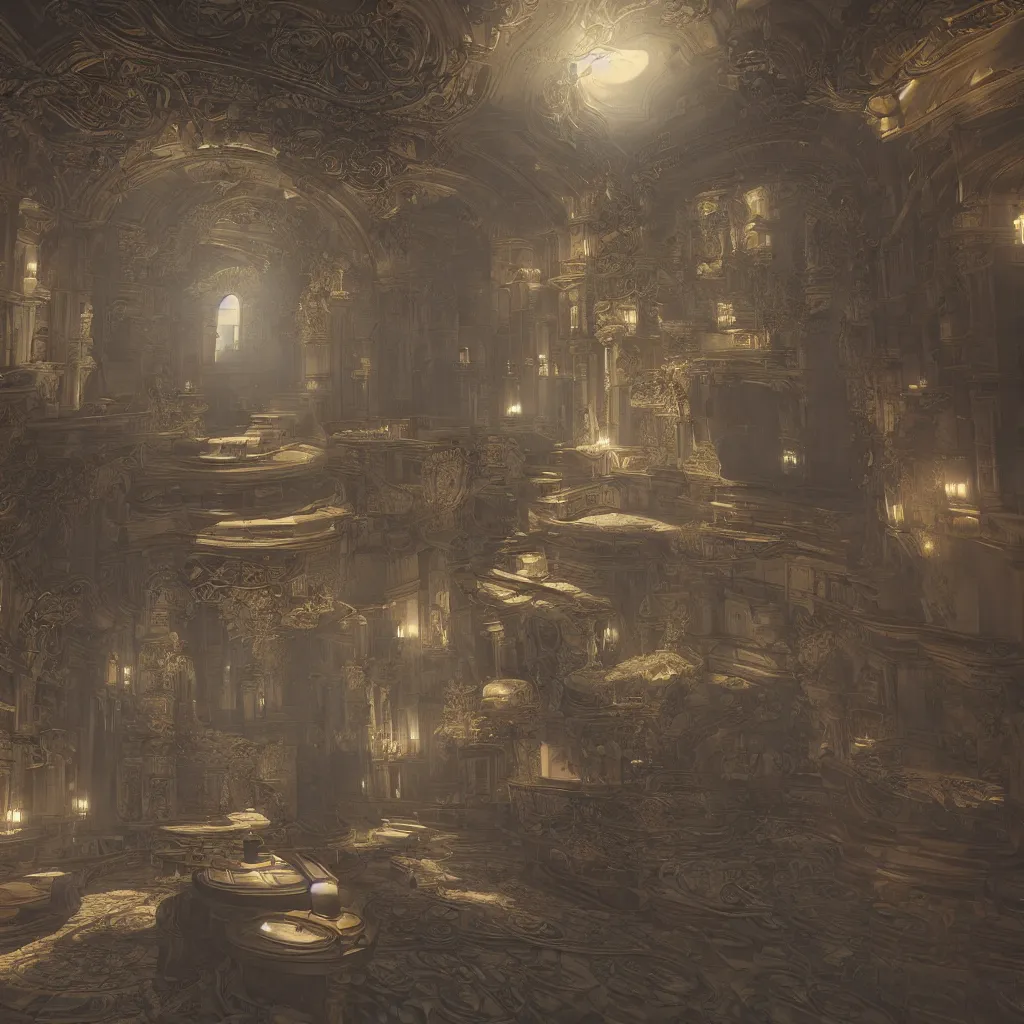 Prompt: chromatic library, spiral, unreal engine, global illumination, smoke, detailed and intricate environment, mysterious, comfort, in the style of aetherpunk