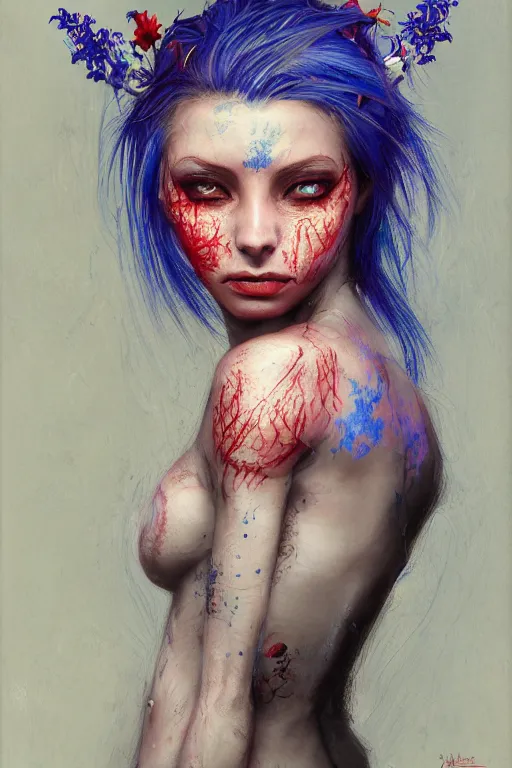 Image similar to portrait of beautiful young maiden, warhammer, cyber style, more and more cyberpunk, a lot of more scars, more and more flowers, blue head, some red water, the middle ages, highly detailed, artstation, illustration, artgerm sylvari portrait, 8 k quality, art by alfred kubin