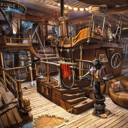 Image similar to interier view of award - winning pirate themed escape room set on the top deck on pirate ship from 1 7 2 0. steampunk. trending on artstation, realistic.