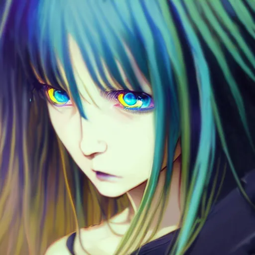 Image similar to attractive yellow eye color long blue - haired girl with bangs gothic anime character, fantasy, screenshot, anime, sharp focus, intricate, illustration, cell shaded, digital painting, highly detailed, concept art, matte, art by ilya kuvshinov and kyoto animation and wlop, and greg rutkowski, studio quality, james jean, artem demura