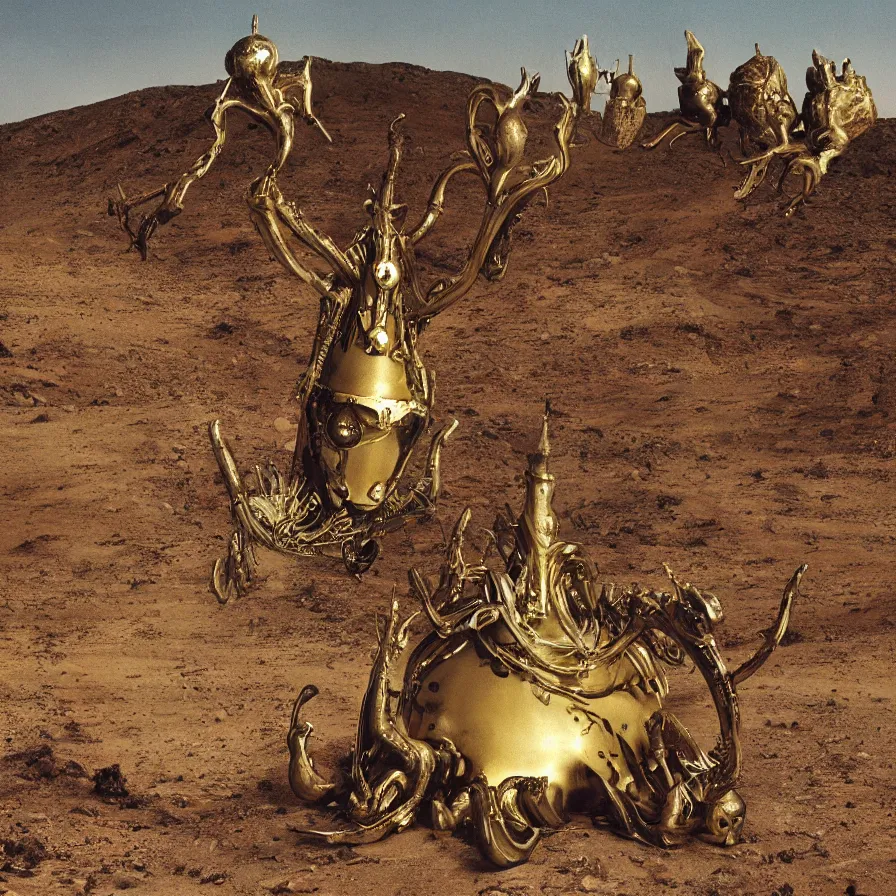 Prompt: salvador dali wearing a golden horned crown and jewels in a dry sand desert landscape, alien spaceship by giger in the landscape, film still from the movie by alejandro jodorowsky with cinematogrophy of christopher doyle and art direction by hans giger, anamorphic lens, kodakchrome, very detailed photo, 8 k
