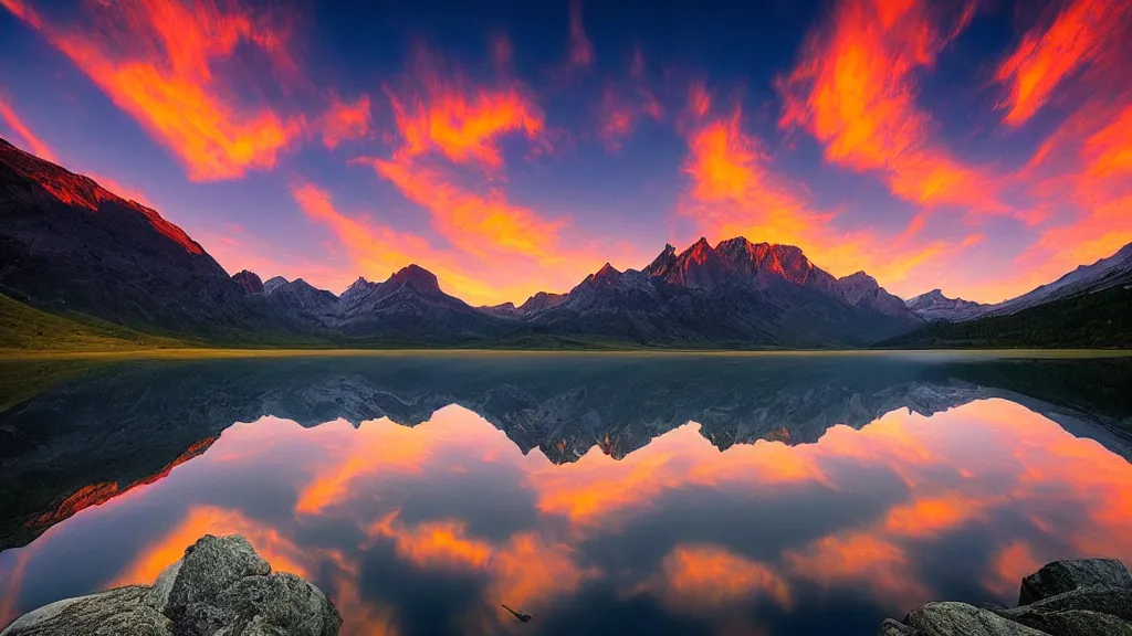 Image similar to amazing landscape photo of mountains with lake in sunset by marc adamus, beautiful dramatic lighting