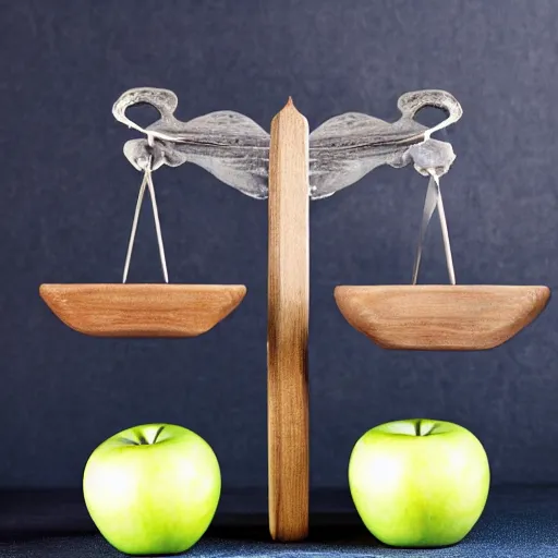 Prompt: set of balance scales with weights, libra symbol, one apple in one plate and one onion