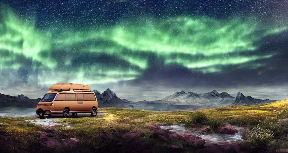 Image similar to An epic fantasy style landscape painting of a Mountainrange and a lake, with a starry sky and breathtaking aurora and a beige Volkswagen Caddy Campervan 4x4, unreal 5, DAZ, hyperrealistic, octane render, volumetric clouds dynamic lighting