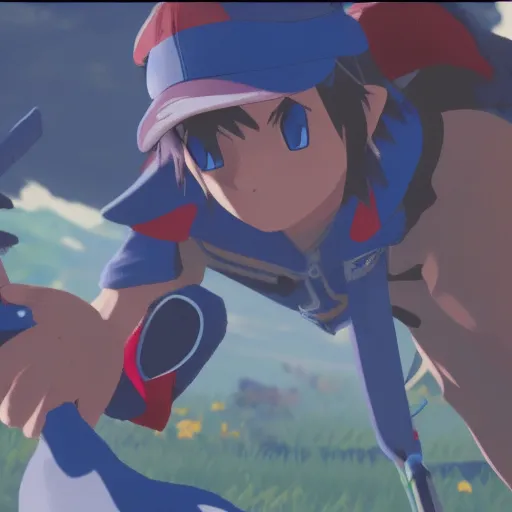 Image similar to Film still of Ash Ketchum, from The Legend of Zelda: Breath of the Wild (2017 video game)