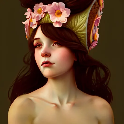 Image similar to portrait of a girl with a bundt cake on her head, digital art, cinematic, concept art, 8k, painting, imaginefx, cgsociety, art nouveau, Alphonse Mucha, trending on artstation, wide shot, full shot