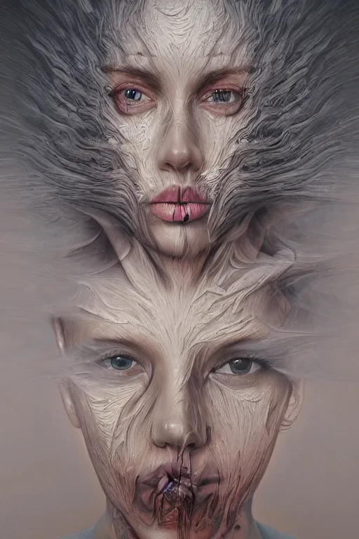 Image similar to surreal distorted detailed painting of a woman made of cloudy smoke, hyper detailed, trending on Artstation