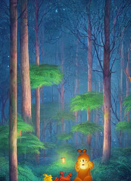 Prompt: a dense forest at night lit by colorful paper lanterns, massive trees with warm windows, huge tree trunks, low light, dark blue sky, trending on artstation, highly detailed, in the style of Over the Garden Wall and Winnie the Pooh