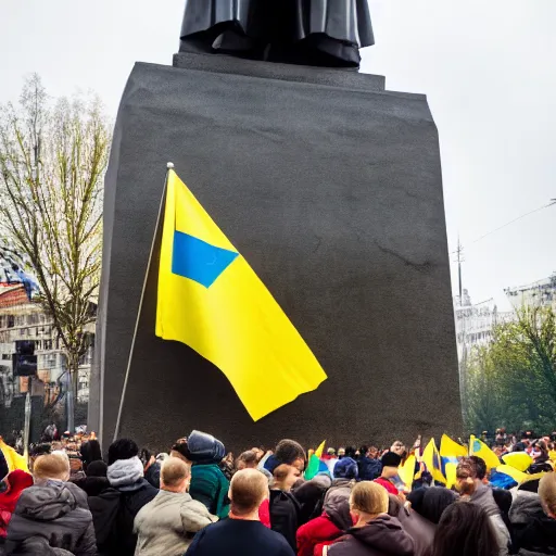 Prompt: a crowd of people with ukrainian flags destroy a statue of vladimir lenin, leica sl 2 5 0 mm, dslr, vivid color, high quality, high textured, real life