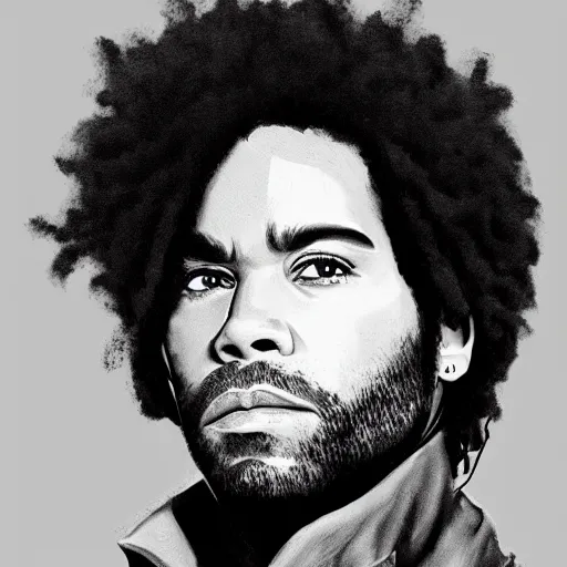 Prompt: detailed accurate portrait of lenny kravitz as han solo, star wars movie still, high resolution image, dc comics art style, deviantart trends, 8 k