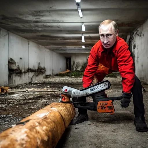 Image similar to putin with a chainsaw and a corpse. in a concrete bunker. focus on putins face with blood splatters. canon eos r 3, f / 1. 4, iso 1 6 0 0, 1 / 8 0 s, 8 k, raw, grainy