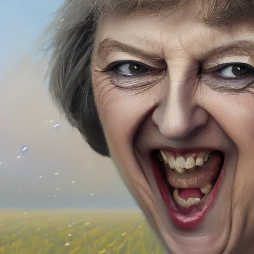 Prompt: highly detailed close up portrait of a laughing Theresa May ((Theresa May)) by Ruan Jia and Mandy Jurgens and Artgerm and William-Adolphe Bouguerea, 4k resolution, misty happy color scheme!!! ((field of wheat background))