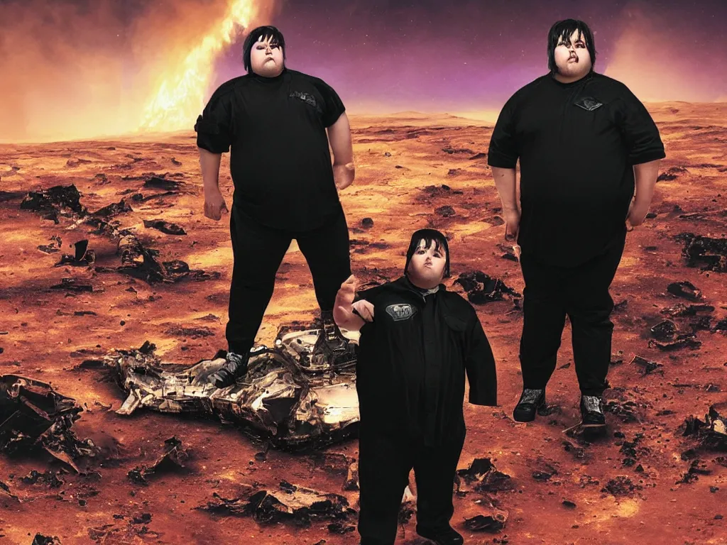 Prompt: portrait of an overweight person with emo haircut wearing gothy purple and black spandex clothes, standing next to smashed burning spacecraft wreckage, on the surface of mars, highly detailed, dramatic lighting, photorealistic, cinematic