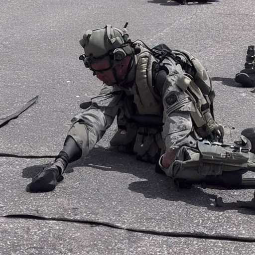 Prompt: Special Forces soldier in grey uniform with black body armor lies dying with a missing leg after stepping on a mine in 2022, photo by Adam Ferguson, Pulitzer Winning, cinematic composition, breathtaking, modern, 2022