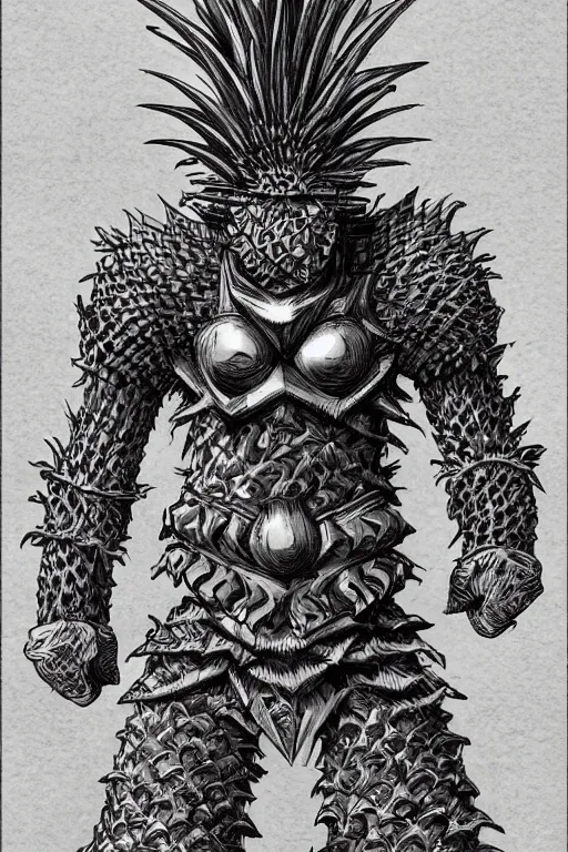 Image similar to screaming pineapple humanoid figure monster wearing themed armour, symmetrical, highly detailed, digital art, sharp focus, trending on art station, kentaro miura manga art style