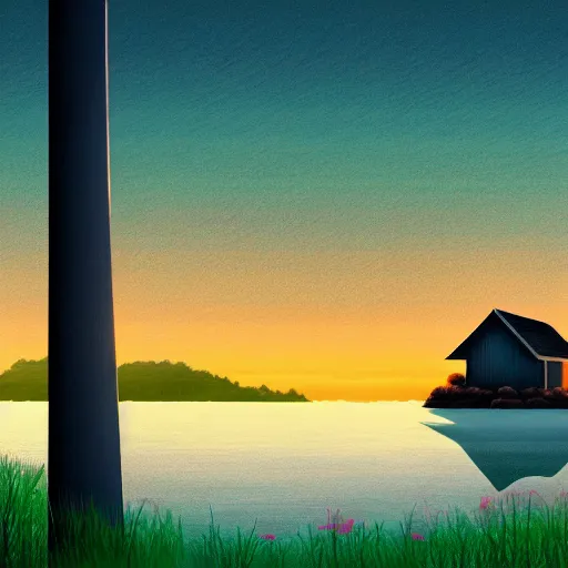 Prompt: a serene landscape with a singular building near a lake at sunset, anime style, 8k, low saturation, high quality, high detail, cartoon