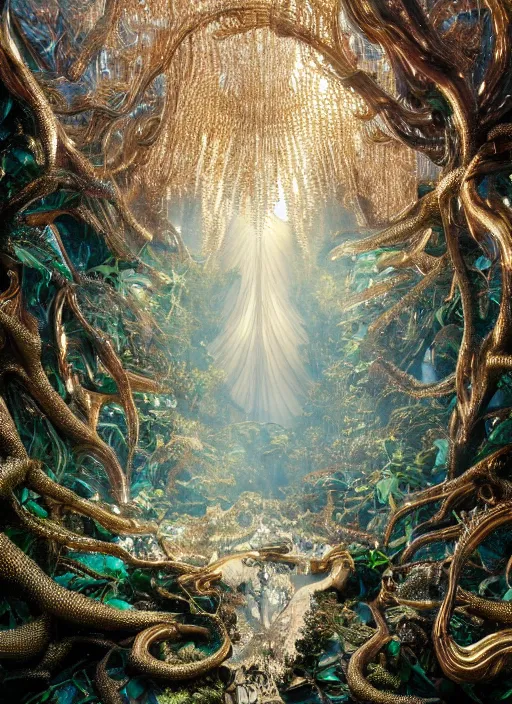 Prompt: beauteous sumptuous white pearlescent iridescent organic forest, crystal, gold, copper, bronze biomechanical with incredible iridescent pearlescent voluminous neon vegetation, crystalline masterpiece incrustations, hyperdetailed animals, movie still, intricate, octane render, cinematic forest lighting, unreal engine, crepuscular rays, god rays