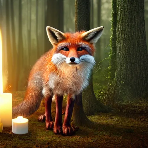 Image similar to a beautiful hyper realistic ultra detailed lifelike matte painting of a fox in front of a candle in a forest, unreal engine, deviantart, flickr, artstation, octane render, textured, colorful, extreme realistic detail, physically based rendering, pbr render, very detailed, volumetric lighting, detailed lighting, octane render, 4 k, cinematic lighting, 8 k resolution