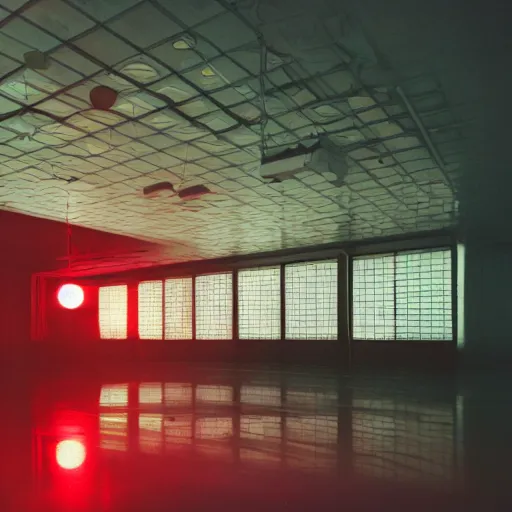 Prompt: noisy color photograph of a retrofuturist liminal space, laboratory, red lights, minimalist, cinematic, soft vintage glow