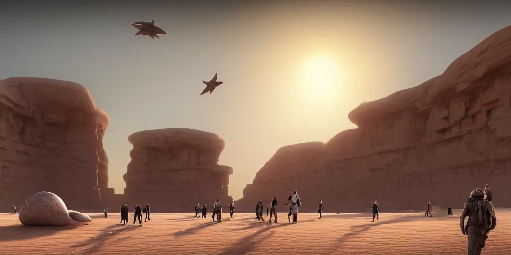 Image similar to an enormous monolithic alien building in the desert, a large line of people are walking toward it starting at the foreground and ending at the building, single file, in the foreground on a rock is an alien creature catching a fly with its tongue, two suns are in the sky, clear skies, volumetric light, hyperdetailed, artstation, cgsociety, 8k