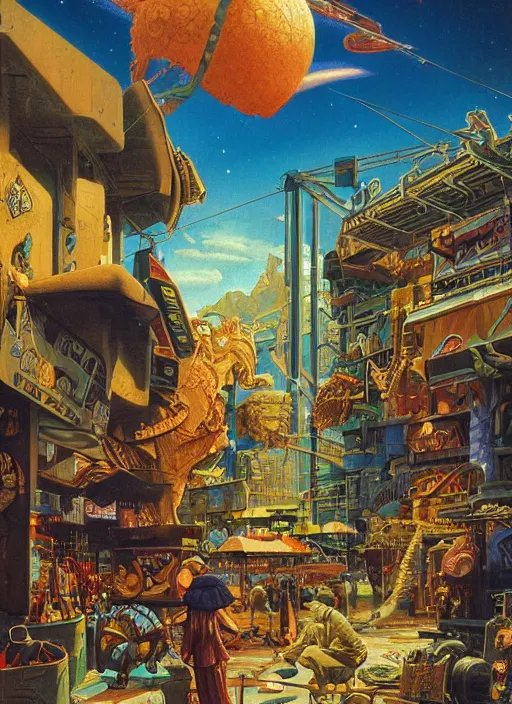 Prompt: happy shopping mall vintage shapes, retro technology, happy colors dariusz zawadzki, tim hildebrandt, wayne barlow, bruce pennington, larry elmore, oil on canvas, deep depth field, masterpiece, cinematic composition, hyperdetailed