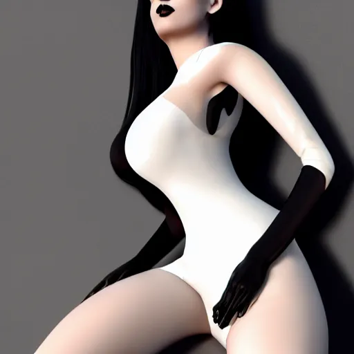 Image similar to feminine hot pale goth woman with tight curvy shiny outfit, photorealistic, sublime, relaxed posture, sitting, 16k, smooth, sharp focus, cgsociety, ArtStation, volumetric lighting