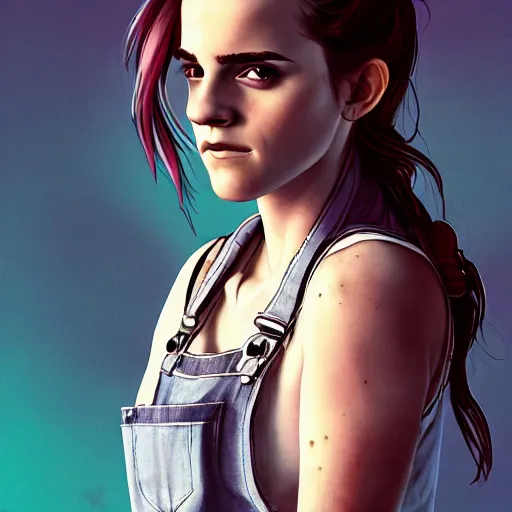 Prompt: realistic grungy emma watson with rainbow hair, drunk, angry, soft eyes and narrow chin, dainty figure, long hair straight down, torn overalls, basic white background, side boob, symmetrical, single person, style of by Jordan Grimmer and greg rutkowski, crisp lines and color,