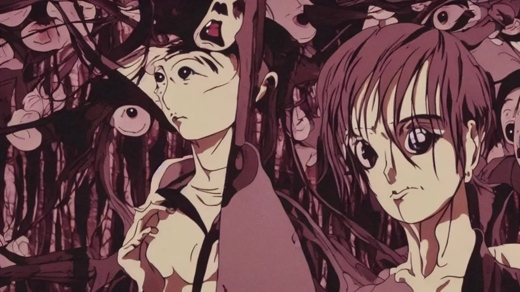 Image similar to french voguing dance horror movie, anime film still from the an anime directed by katsuhiro otomo with art direction by salvador dali, wide lens