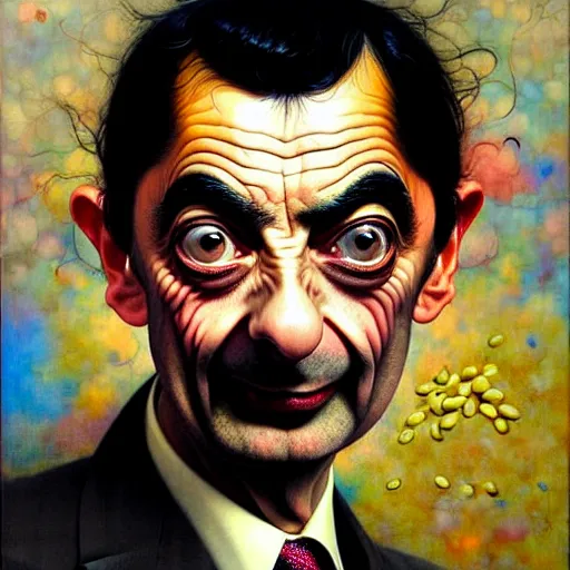 Image similar to uhd photorealistic portrait of mr. bean made of beans, by ayami kojima, yoshitaka amano, esao andrews, karol bak, mark brooks, tonalism, rich deep colors. beksinski painting, art by adrian ghenie and gerhard richter. art by takato yamamoto. masterpiece