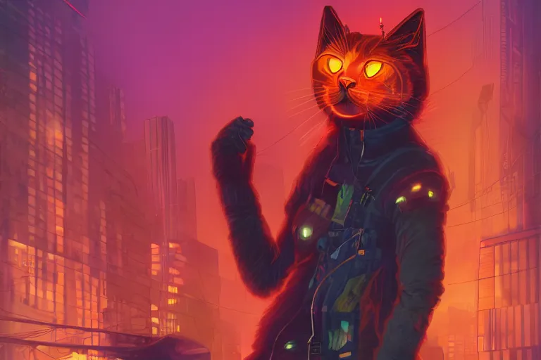 Prompt: cyberpunk ginger cat in the city, neon backlighting, digital art, trending on artstation, fanart, by kawacy