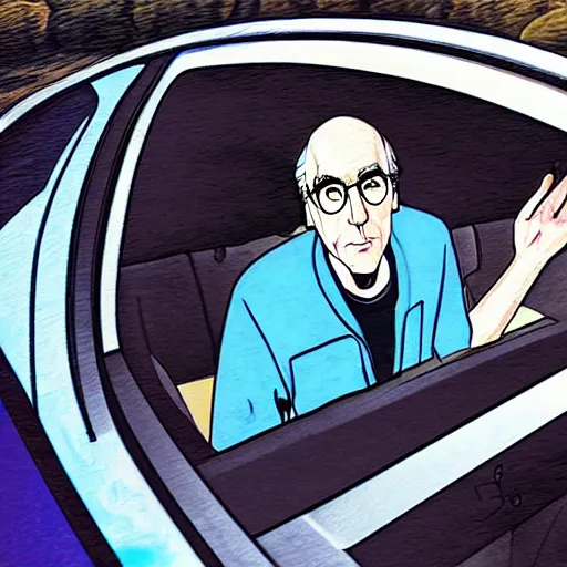 Image similar to larry david in his 2 0 0 9 prius, fisheye lens, anime style, anime