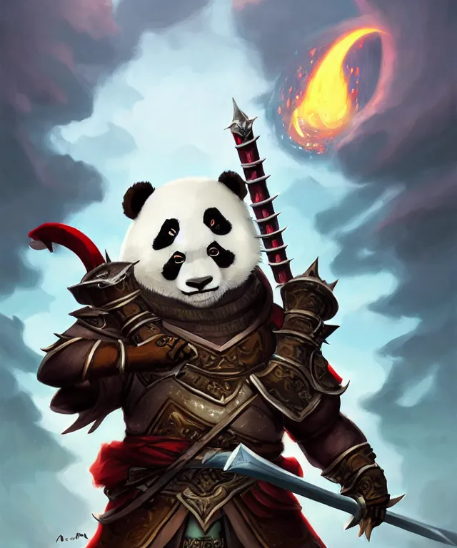 Image similar to a portrait an anthropomorphic panda samurai holding a katana, wearing armor with spiked shoulders, landscape in background, dnd character art portrait, world of warcraft style, by peter mohrbacher, cinematic lighting