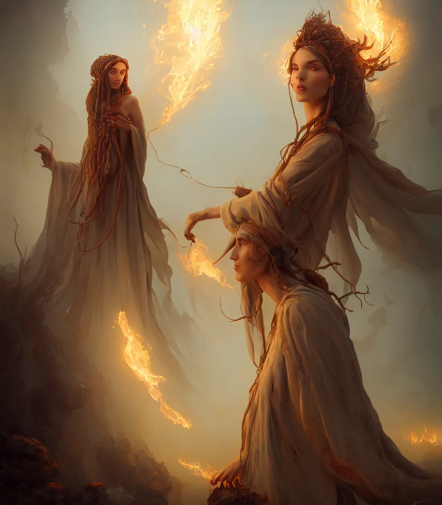 Prompt: oil portrait | full medium shot | front close - up | dressed in long rags, fire in your hair, ethereal, biblically accurate goddess, demoniac, fractal, tiny ornaments of white gold in your clothes, octane render, devianart, fine art, intrincate. by peter mohrbacher, marc simonetti and anna podedwor