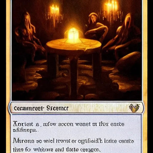 Prompt: a seance in a dark room with a white glow around a center table, fantasy art, magic : the gathering